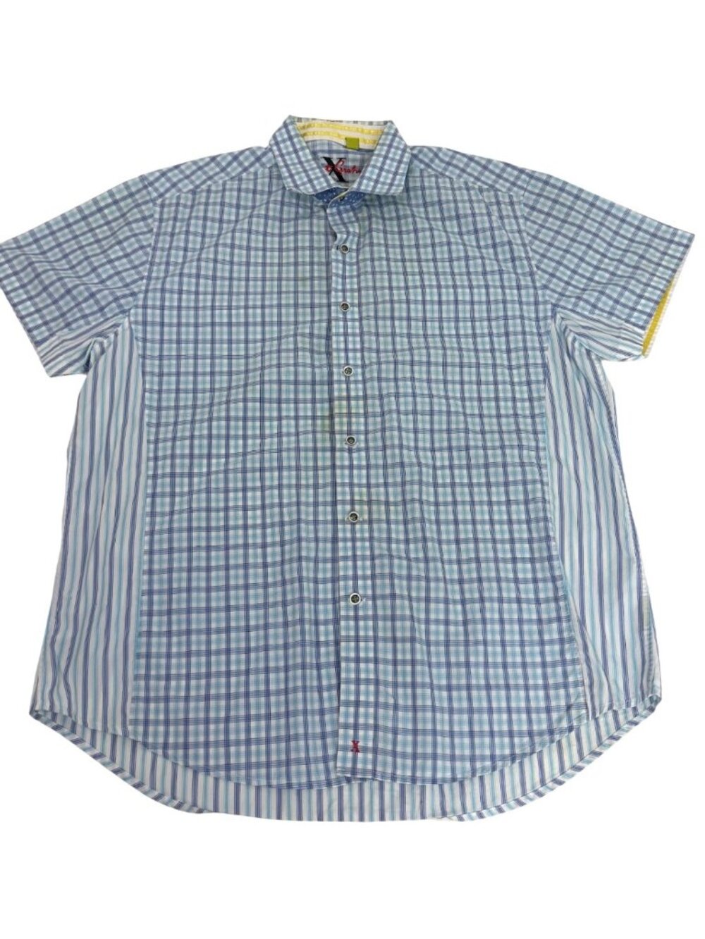 Robert Graham Tailored Fit Short Sleeve Blue Plaid Stripe ButtonDown Shirt 2XL